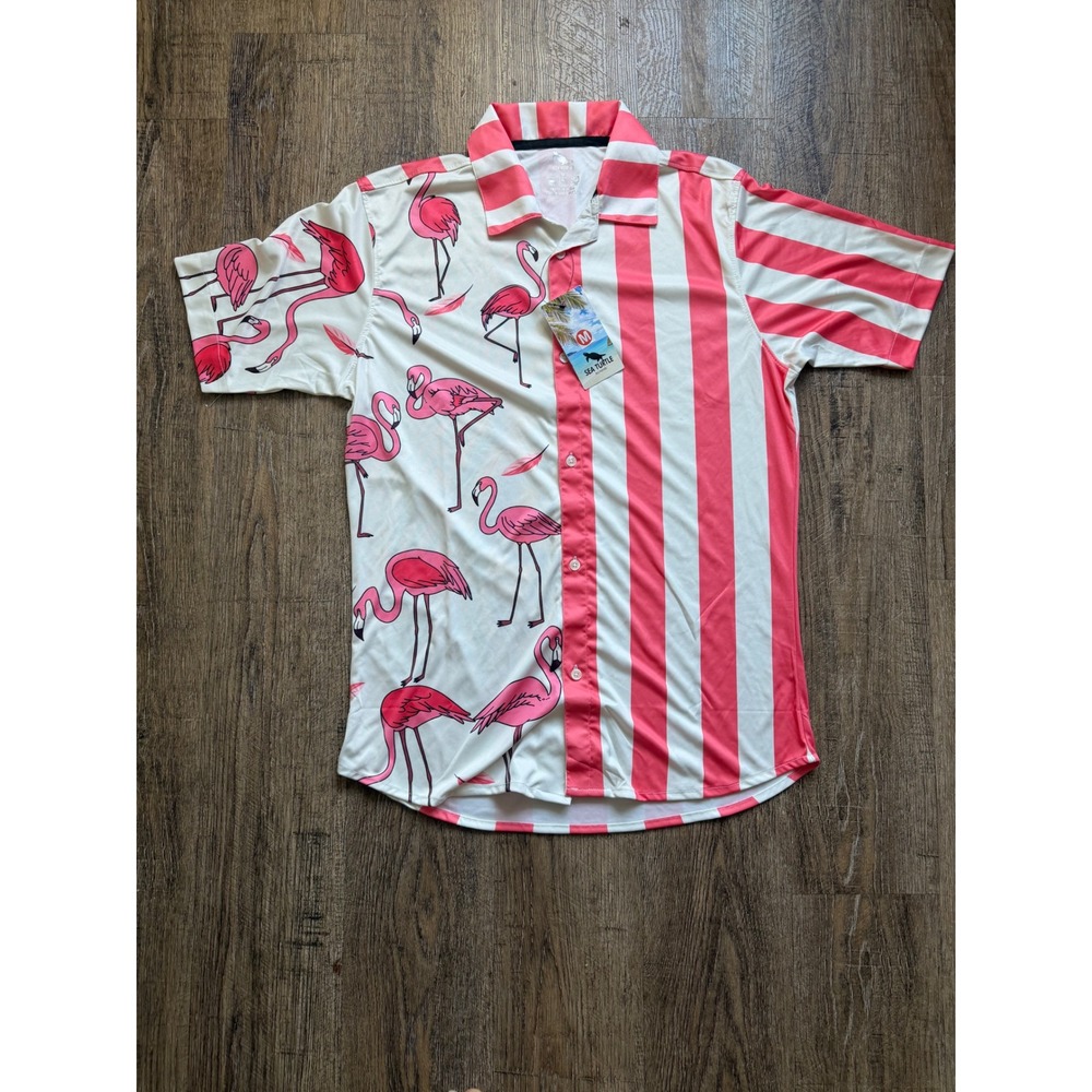 Sea Turtle Bonaire Flamingo Striped Performance Shirt Mens Medium Pink White NWT